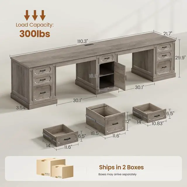 Alt view image 2 of 7 - Farmhouse 110.3" Two Person Desk with 7 Drawers, Long Computer Desk with Storage Cabinet, 2 Person Desk with Power Outlets for Home Office, Gray
