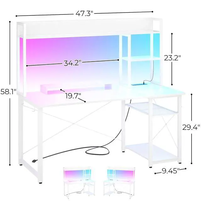 Alt view image 2 of 7 - Gaming Desk with Hutch, 47'' Computer Desk with LED Lights & Power Outlets, Home Office Desk with Reversible 5 Tiers Storage Shelves & Monitor Stand, Small Gaming Table for Small Space, White