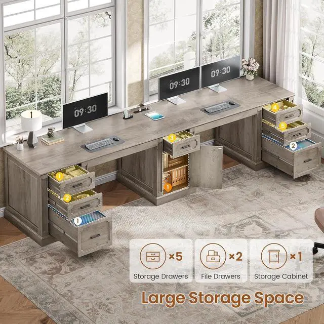 Alt view image 3 of 7 - Farmhouse 110.3" Two Person Desk with 7 Drawers, Long Computer Desk with Storage Cabinet, 2 Person Desk with Power Outlets for Home Office, Gray
