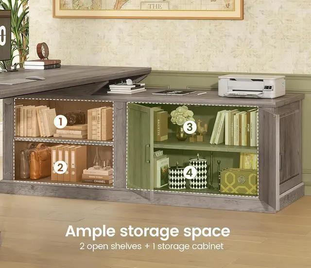 Alt view image 6 of 7 - Farmhouse L Shaped Desk with Drawers, 70.9" Home Office Desk with Storage Cabinet and Storage Shelves, L Shaped Computer Desk with Power OutletGray