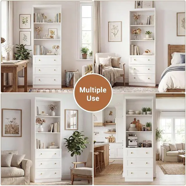Alt view image 7 of 7 - 80" Bookshelf with 3 Drawers, Tall Bookcase with Thickened Top Panel and 3-Tier Open Shelves, Tall Storage Cabinet for Home Office, Living Room, White, Set of 2