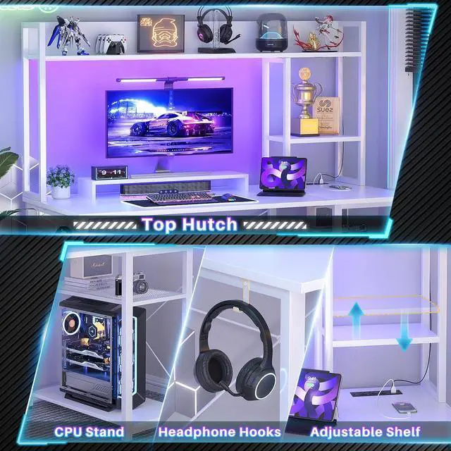 Alt view image 7 of 7 - Gaming Desk with Hutch, 47'' Computer Desk with LED Lights & Power Outlets, Home Office Desk with Reversible 5 Tiers Storage Shelves & Monitor Stand, Small Gaming Table for Small Space, White