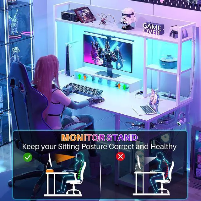 Alt view image 4 of 7 - Gaming Desk with Hutch, 47'' Computer Desk with LED Lights & Power Outlets, Home Office Desk with Reversible 5 Tiers Storage Shelves & Monitor Stand, Small Gaming Table for Small Space, White