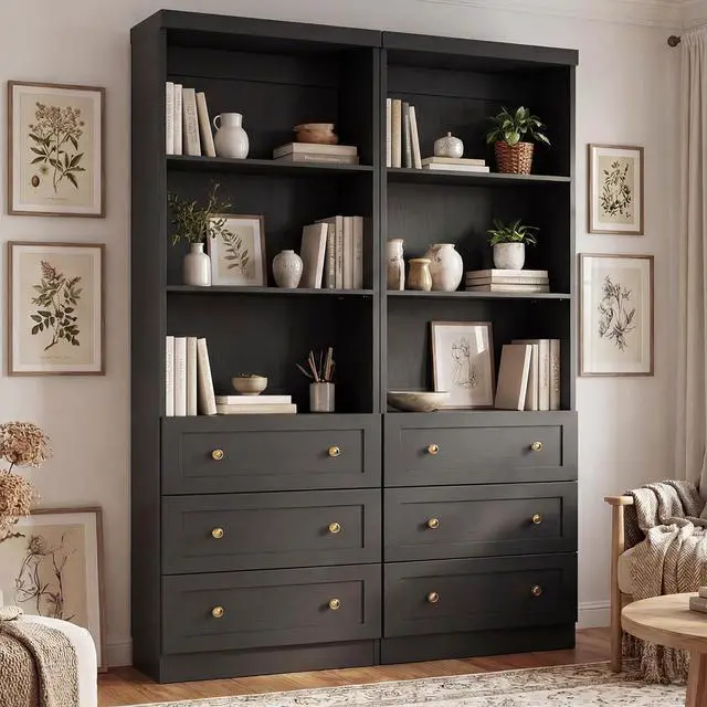 Main image of 80" Bookshelf with 3 Drawers, Tall Bookcase with Thickened Top Panel and 3-Tier Open Shelves, Tall Storage Cabinet for Home Office, Living Room, Black, Set of 2