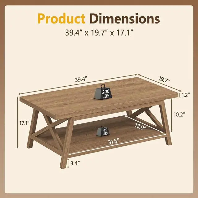Alt view image 2 of 7 - 2-Tier Coffee Table with Storage, 39.4" Farmhouse Coffee Table for Living Room, Rectangular Center Table with Angled Legs for Apartment, Home Office, Natural
