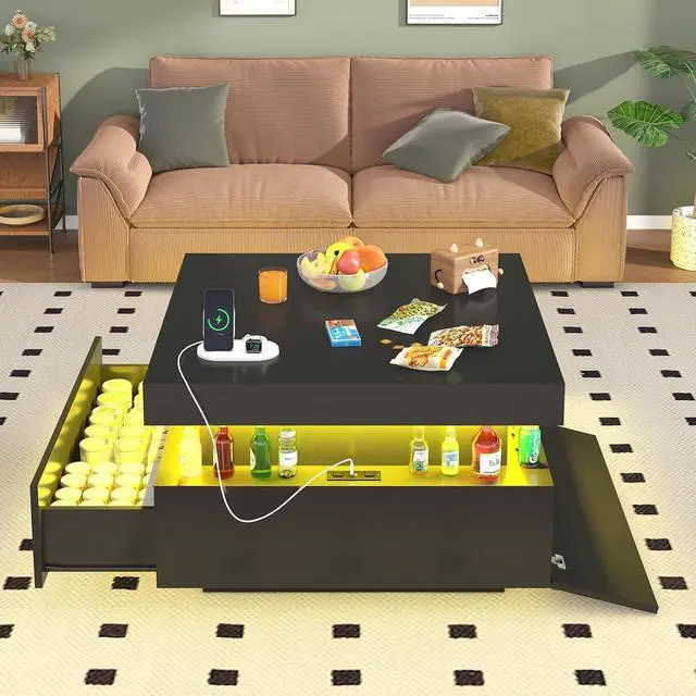Alt view image 7 of 7 - 31.5" Square Coffee Table with Sliding Top and Charging Station, Black Coffee Tables with LED Lights and Storage Drawer for Living Room, Modern Center Table with Hidden Compartment, Cabinet