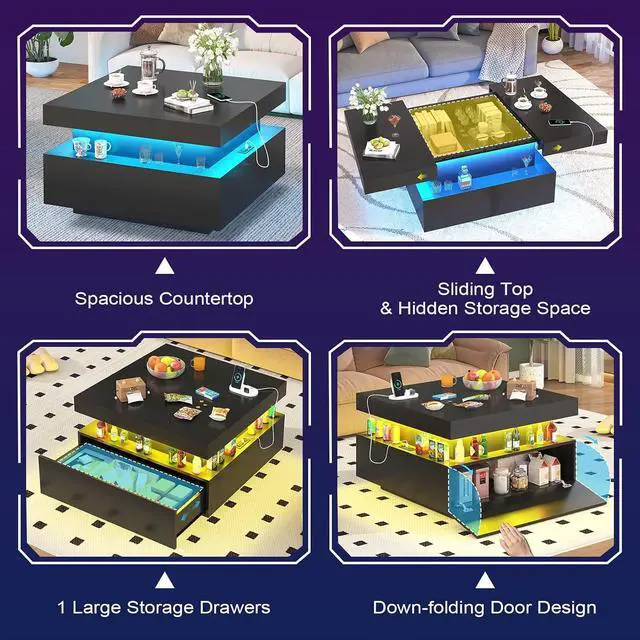 Alt view image 6 of 7 - 31.5" Square Coffee Table with Sliding Top and Charging Station, Black Coffee Tables with LED Lights and Storage Drawer for Living Room, Modern Center Table with Hidden Compartment, Cabinet