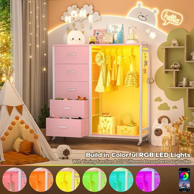 Alt view image 3 of 7 - Dresser with Hanging Rack, 5 Fabric Drawers Dresser with Clothes Rack, Wooden Top Storage Chest of Drawers with Charging Station & LED Lights, Lockable Wheels, Closet