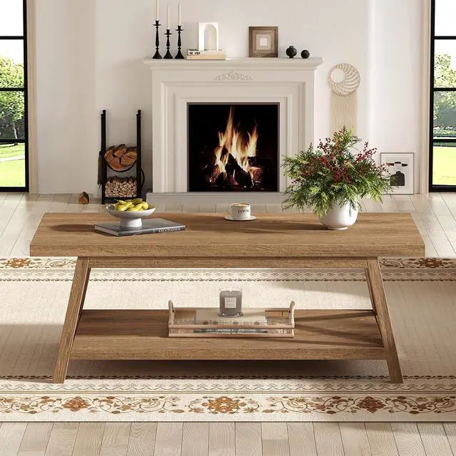 Alt view image 3 of 7 - 2-Tier Coffee Table with Storage, 39.4" Farmhouse Coffee Table for Living Room, Rectangular Center Table with Angled Legs for Apartment, Home Office, Natural