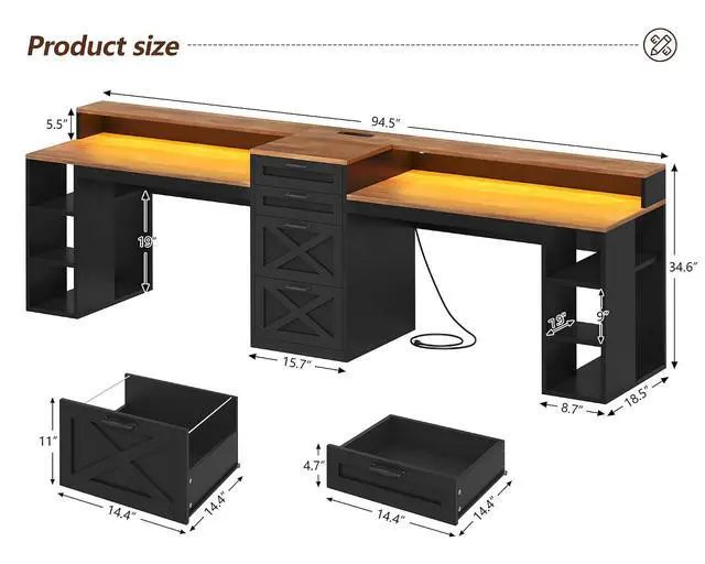Alt view image 2 of 7 - Farmhouse 2 Person Computer Desk with 4 Drawers and Power Outlets, 94.5" Long Office Desk with Printer Shelf, Monitor Stand, Gaming Desk with LED Lights, Brown and Black