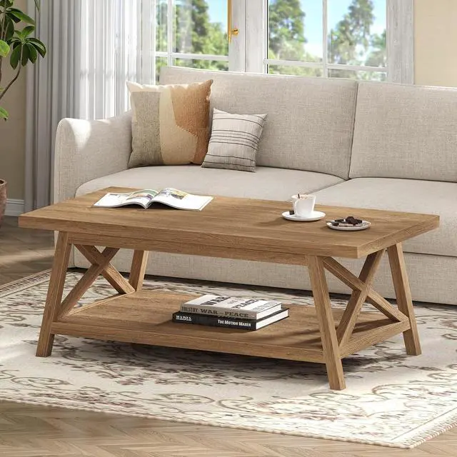 Alt view image 6 of 7 - 2-Tier Coffee Table with Storage, 39.4" Farmhouse Coffee Table for Living Room, Rectangular Center Table with Angled Legs for Apartment, Home Office, Natural