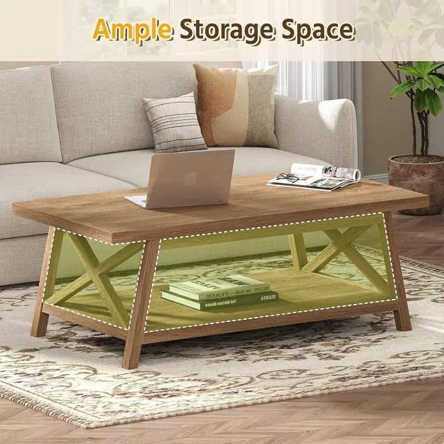 Alt view image 4 of 7 - 2-Tier Coffee Table with Storage, 39.4" Farmhouse Coffee Table for Living Room, Rectangular Center Table with Angled Legs for Apartment, Home Office, Natural