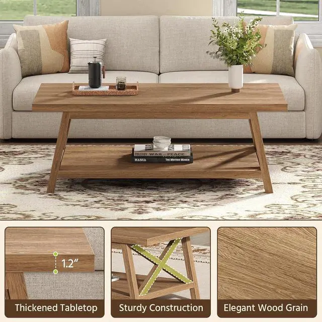 Alt view image 5 of 7 - 2-Tier Coffee Table with Storage, 39.4" Farmhouse Coffee Table for Living Room, Rectangular Center Table with Angled Legs for Apartment, Home Office, Natural
