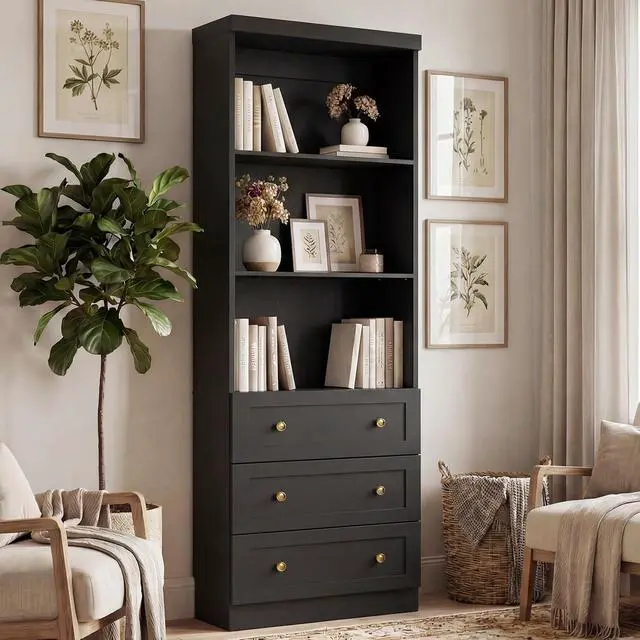 Main image of 80" Bookshelf with 3 Drawers, Tall Bookcase with Thickened Top Panel and 3-Tier Open Shelves, Tall Storage Cabinet for Home Office, Living Room, Black