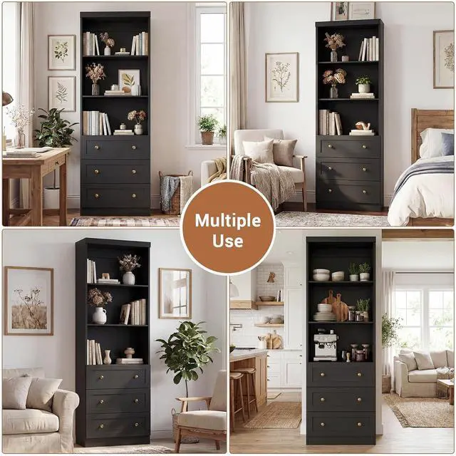 Alt view image 7 of 7 - 80" Bookshelf with 3 Drawers, Tall Bookcase with Thickened Top Panel and 3-Tier Open Shelves, Tall Storage Cabinet for Home Office, Living Room, Black