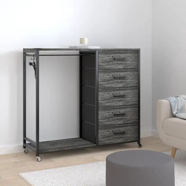 Alt view image 2 of 7 - Dresser with Hanging Rack, 5 Fabric Drawers Dresser with Clothes Rack, Wooden Top Storage Chest of Drawers with Charging Station & LED Lights, Lockable Wheels