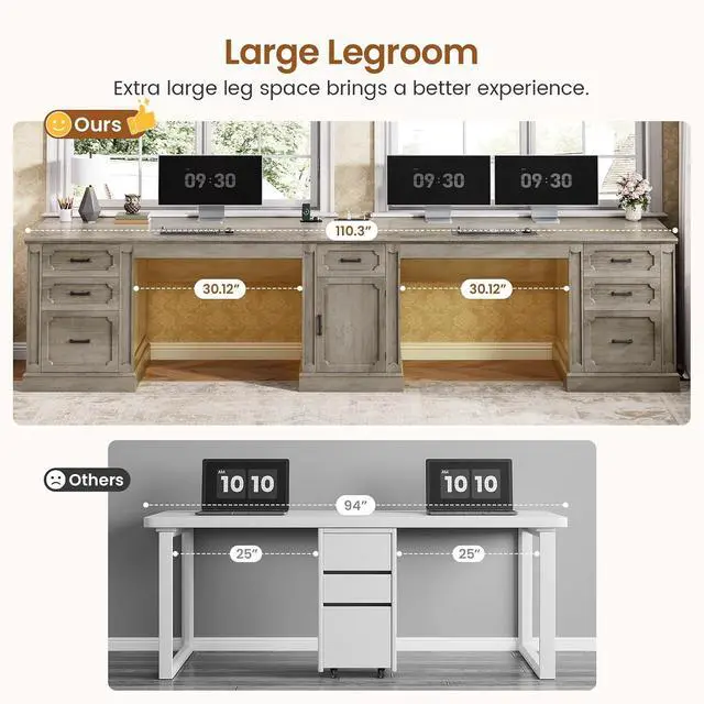 Alt view image 7 of 7 - Farmhouse 110.3" Two Person Desk with 7 Drawers, Long Computer Desk with Storage Cabinet, 2 Person Desk with Power Outlets for Home Office, Gray