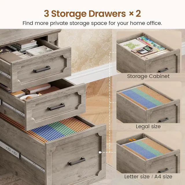 Alt view image 6 of 7 - Farmhouse 110.3" Two Person Desk with 7 Drawers, Long Computer Desk with Storage Cabinet, 2 Person Desk with Power Outlets for Home Office, Gray