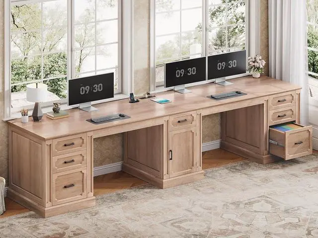 Main image of Farmhouse 110.3" Two Person Desk with 7 Drawers, Long Computer Desk with Storage Cabinet, 2 Person Desk with Power Outlets for Home Office, Oak