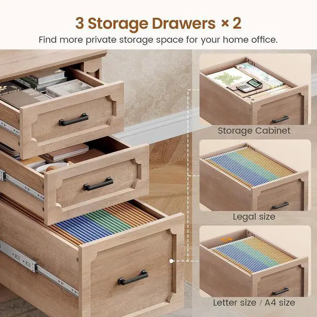Alt view image 4 of 7 - Farmhouse 110.3" Two Person Desk with 7 Drawers, Long Computer Desk with Storage Cabinet, 2 Person Desk with Power Outlets for Home Office, Oak