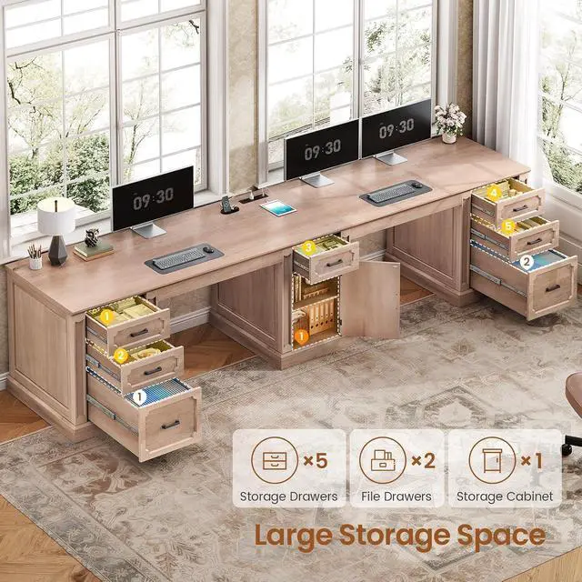 Alt view image 3 of 7 - Farmhouse 110.3" Two Person Desk with 7 Drawers, Long Computer Desk with Storage Cabinet, 2 Person Desk with Power Outlets for Home Office, Oak