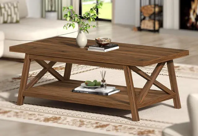 Main image of 2-Tier Coffee Table with Storage, 39.4" Farmhouse Coffee Table for Living Room, Rectangular Center Table with Angled Legs for Apartment, Home Office, Walnut