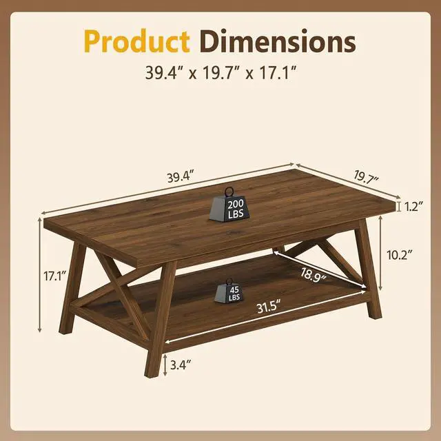 Alt view image 2 of 7 - 2-Tier Coffee Table with Storage, 39.4" Farmhouse Coffee Table for Living Room, Rectangular Center Table with Angled Legs for Apartment, Home Office, Walnut
