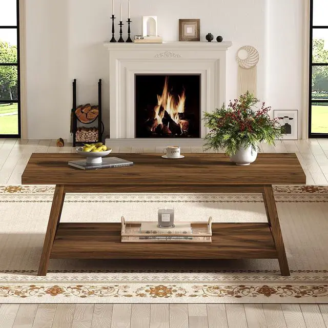 Alt view image 3 of 7 - 2-Tier Coffee Table with Storage, 39.4" Farmhouse Coffee Table for Living Room, Rectangular Center Table with Angled Legs for Apartment, Home Office, Walnut