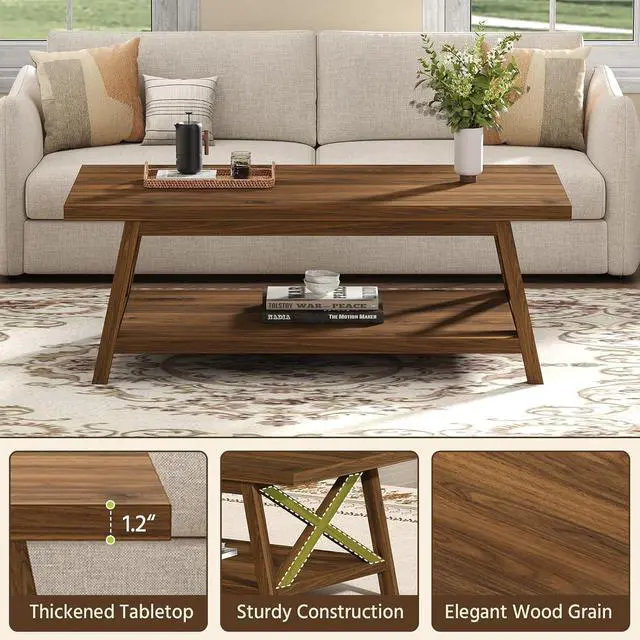 Alt view image 5 of 7 - 2-Tier Coffee Table with Storage, 39.4" Farmhouse Coffee Table for Living Room, Rectangular Center Table with Angled Legs for Apartment, Home Office, Walnut