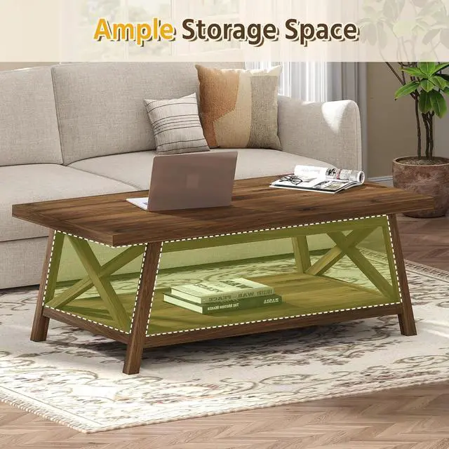 Alt view image 4 of 7 - 2-Tier Coffee Table with Storage, 39.4" Farmhouse Coffee Table for Living Room, Rectangular Center Table with Angled Legs for Apartment, Home Office, Walnut