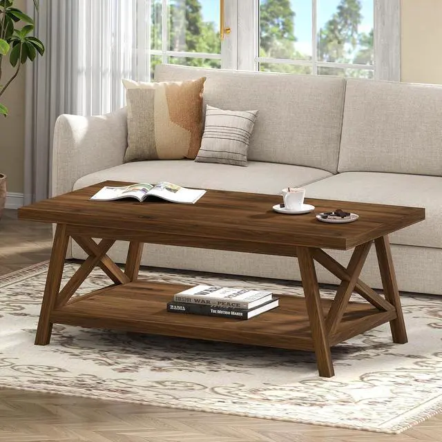 Alt view image 6 of 7 - 2-Tier Coffee Table with Storage, 39.4" Farmhouse Coffee Table for Living Room, Rectangular Center Table with Angled Legs for Apartment, Home Office, Walnut