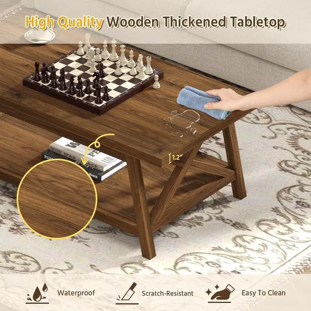 Alt view image 7 of 7 - 2-Tier Coffee Table with Storage, 39.4" Farmhouse Coffee Table for Living Room, Rectangular Center Table with Angled Legs for Apartment, Home Office, Walnut