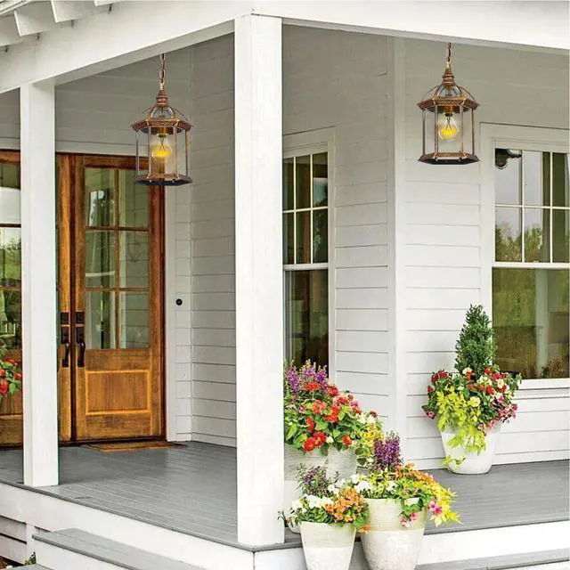 Alt view image 6 of 7 - Outdoor Pendant Lights for Porch, Vintage Bronze Exterior Hanging Lantern Anti-Rust Aluminum Hanging Lights with Clear Glass Shade Waterproof Pendant Light for Front Door Foyer Entryway