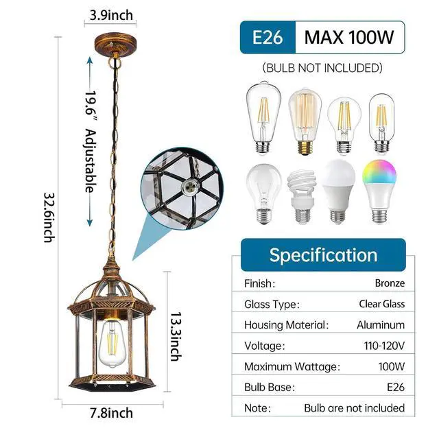 Alt view image 5 of 7 - Outdoor Pendant Lights for Porch, Vintage Bronze Exterior Hanging Lantern Anti-Rust Aluminum Hanging Lights with Clear Glass Shade Waterproof Pendant Light for Front Door Foyer Entryway