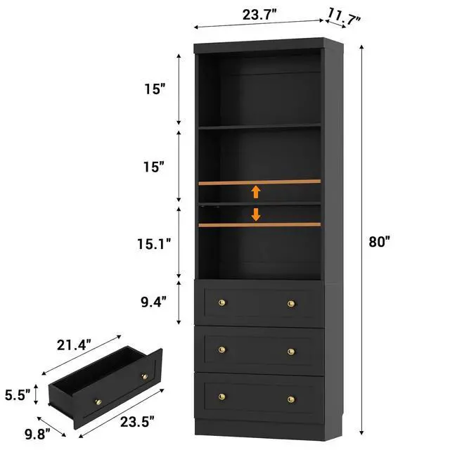 Alt view image 2 of 7 - 80" Bookshelf with 3 Drawers, Tall Bookcase with Thickened Top Panel and 3-Tier Open Shelves, Tall Storage Cabinet for Home Office, Living Room, Black
