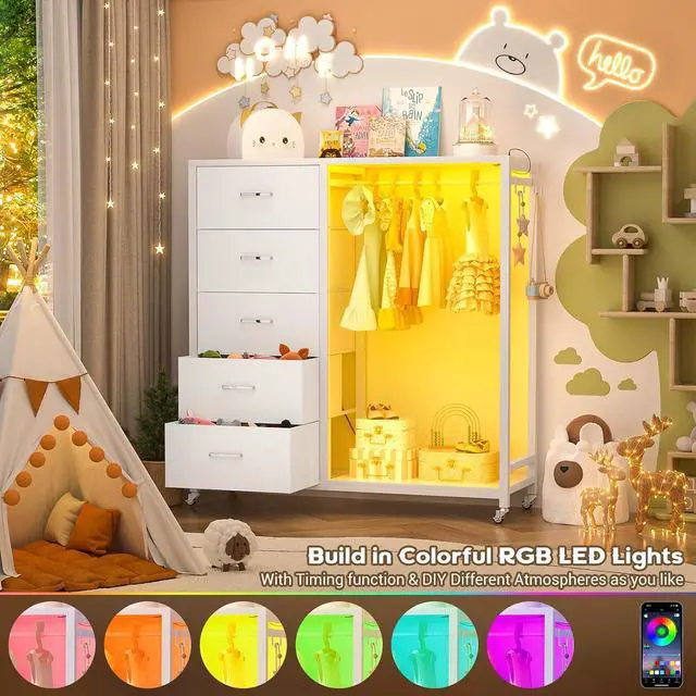 Alt view image 4 of 7 - Dresser with Hanging Rack, 5 Fabric Drawers Dresser with Clothes Rack, Wooden Top Storage Chest of Drawers with Charging Station & LED Lights, Lockable Wheels, Closet