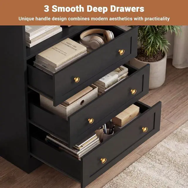 Alt view image 5 of 7 - 80" Bookshelf with 3 Drawers, Tall Bookcase with Thickened Top Panel and 3-Tier Open Shelves, Tall Storage Cabinet for Home Office, Living Room, Black