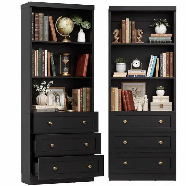 Alt view image 3 of 7 - 80" Bookshelf with 3 Drawers, Tall Bookcase with Thickened Top Panel and 3-Tier Open Shelves, Tall Storage Cabinet for Home Office, Living Room, Black