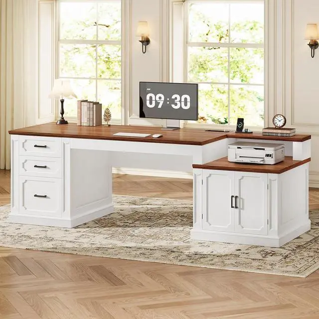 Main image of Farmhouse 70.9" Executive Desk, Home Office Desk with File Drawers and Storage Cabinet, Computer Desk with Power Outlet for Home Office, Work Study Writing, White+Brown