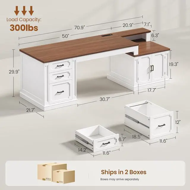 Alt view image 2 of 7 - Farmhouse 70.9" Executive Desk, Home Office Desk with File Drawers and Storage Cabinet, Computer Desk with Power Outlet for Home Office, Work Study Writing, White+Brown