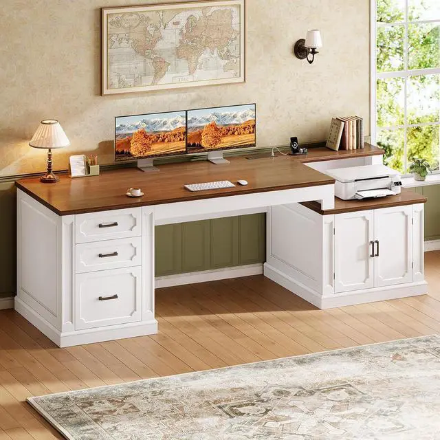 Alt view image 3 of 7 - Farmhouse 70.9" Executive Desk, Home Office Desk with File Drawers and Storage Cabinet, Computer Desk with Power Outlet for Home Office, Work Study Writing, White+Brown