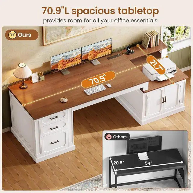 Alt view image 6 of 7 - Farmhouse 70.9" Executive Desk, Home Office Desk with File Drawers and Storage Cabinet, Computer Desk with Power Outlet for Home Office, Work Study Writing, White+Brown