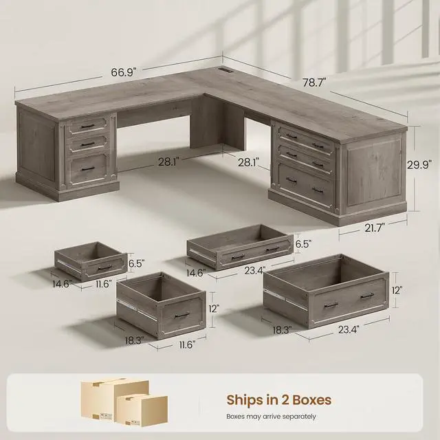 Alt view image 2 of 7 - Farmhouse 78.8" L Shaped Desk with 6 Drawers, Home Office Desk with Power Outlet, File Cabinet Storage, Wood Corner Computer Desk for Work and Study, Gray