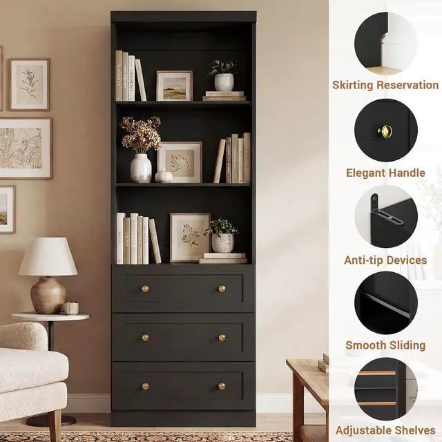 Alt view image 6 of 7 - 80" Bookshelf with 3 Drawers, Tall Bookcase with Thickened Top Panel and 3-Tier Open Shelves, Tall Storage Cabinet for Home Office, Living Room, Black