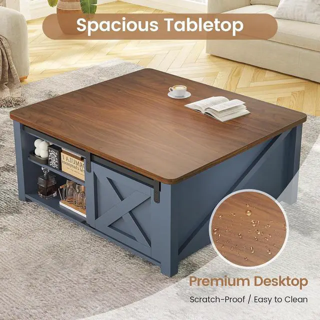 Alt view image 5 of 7 - 31.5" Lift Top Coffee Table with Storage, Square Coffee Tables for Living Room, Farmhouse Coffee Table with Large Hidden Storage Compartment and Adjustable Shelves, Blue