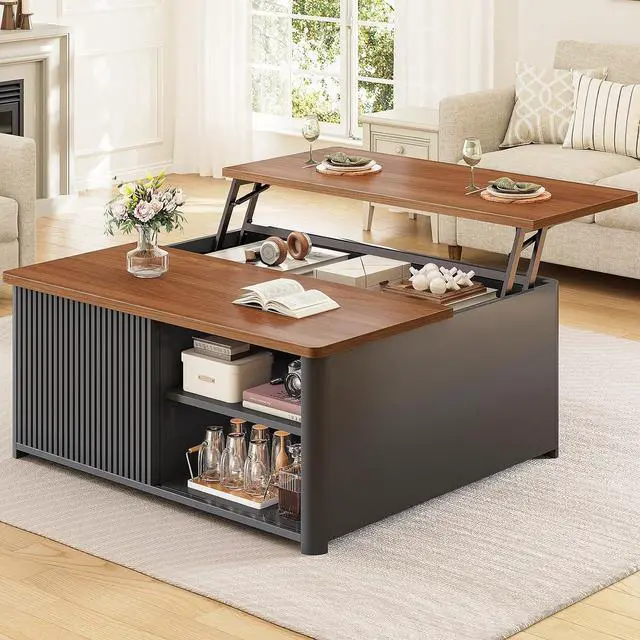 Main image of 31.5" Lift Top Coffee Table with Storage, Square Coffee Tables for Living Room, Fluted Coffee Table with Large Hidden Storage Compartment and Adjustable Shelves, Fluted Black