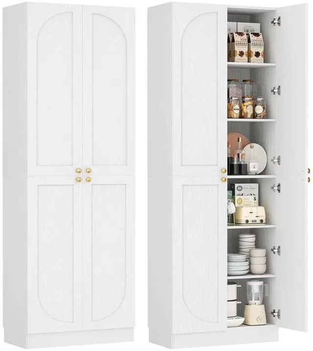 Main image of 80" Kitchen Pantry, Extra Tall Arch Storage Cabinet with 4 Soft Close Doors and Adjustable Shelves, Freestanding Wood Cupboard with Seamless Fit Wall for Dining Living Room Bathroom Furniture