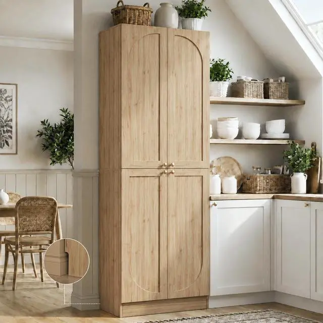 Alt view image 2 of 7 - 80" Kitchen Pantry, Extra Tall Arch Storage Cabinet with 4 Soft Close Doors and Adjustable Shelves, Freestanding Wood Cupboard with Seamless Fit Wall for Dining Living Room Bathroom Furniture