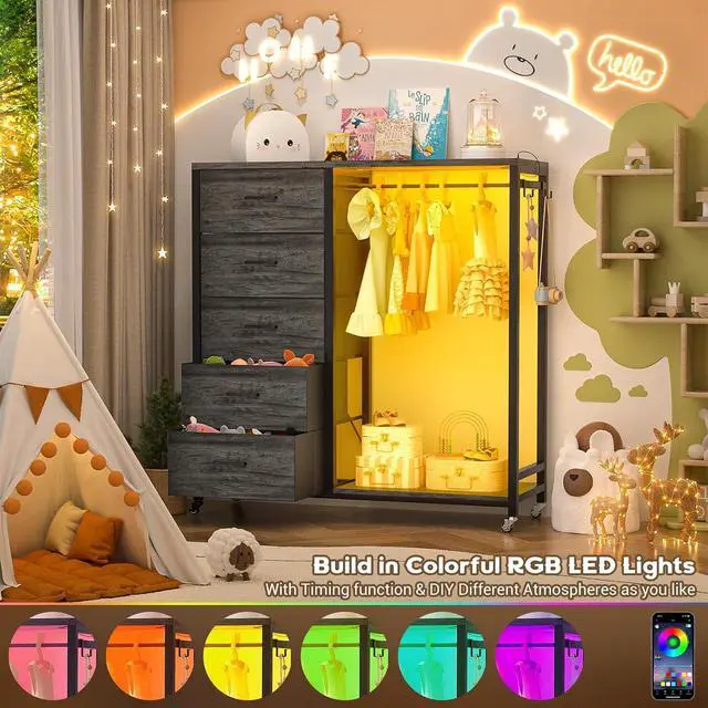 Alt view image 5 of 7 - Dresser with Hanging Rack, 5 Fabric Drawers Dresser with Clothes Rack, Wooden Top Storage Chest of Drawers with Charging Station & LED Lights, Lockable Wheels