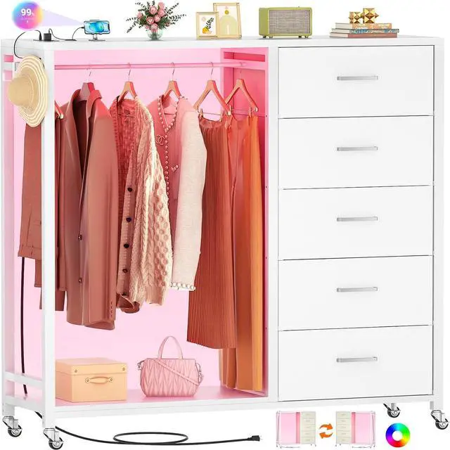 Main image of Dresser with Hanging Rack, 5 Fabric Drawers Dresser with Clothes Rack, Wooden Top Storage Chest of Drawers with Charging Station & LED Lights, Lockable Wheels, Closet